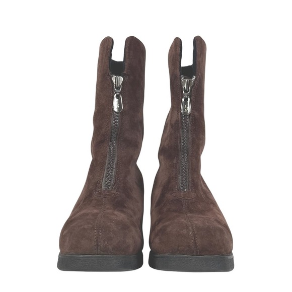 London Fog Okemo Brown Suede Leather Zip Up Block Heel Ankle Boots - Picture 3 of 5